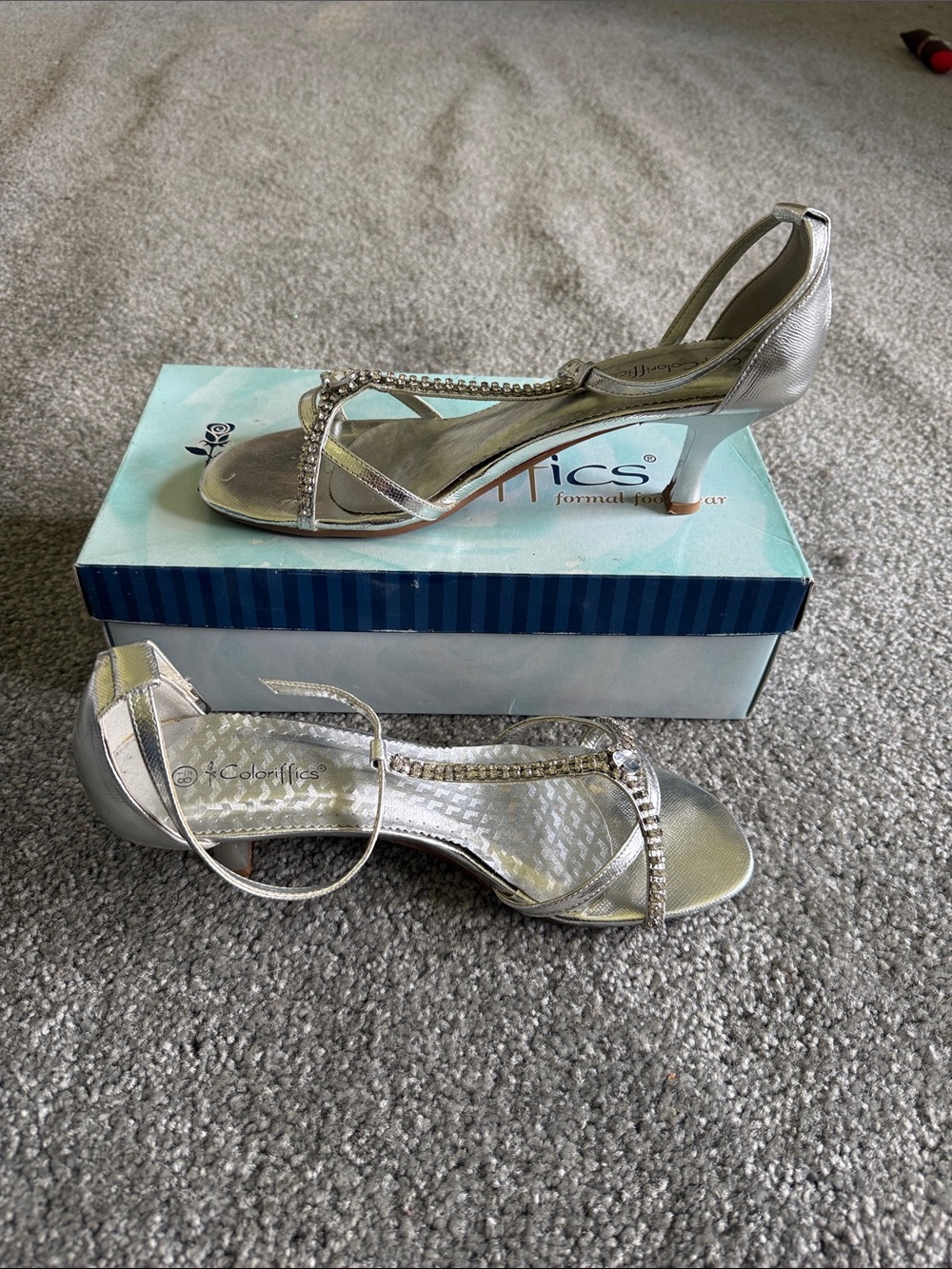 Silver Heeled Slingback Sandals with Crystal T-Strap